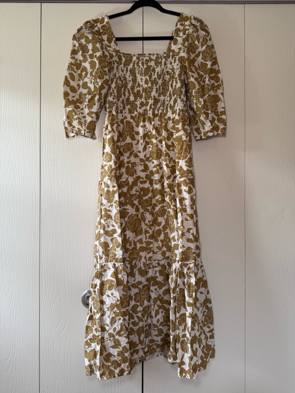 Anthropologie Moon River Smocked Floral Olive Midi Dress Balloon Sleeves S NWT - Picture 6 of 8